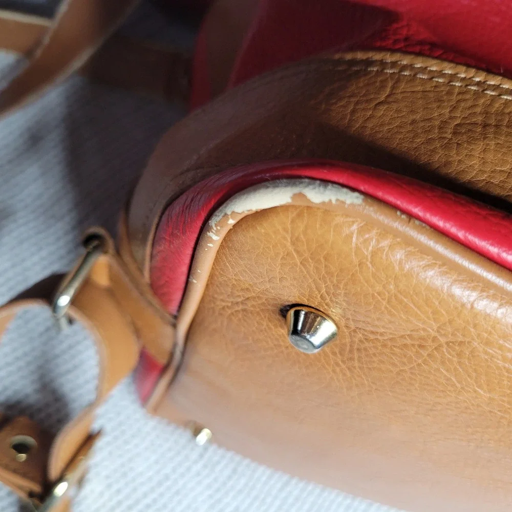Valentina Red Pebbled Leather Hobo Shoulder Bag Tan Gold Hardware Italian READ